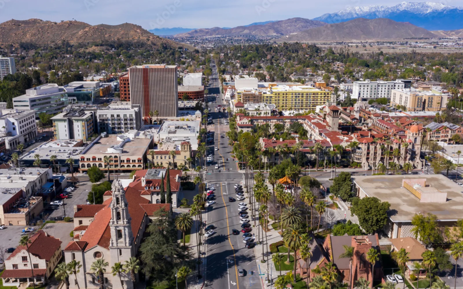 Downtown Riverside street view with historic architecture